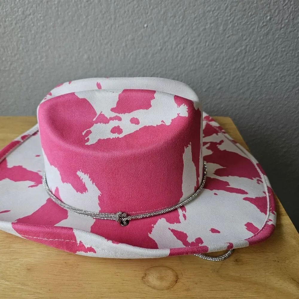 Pink Cow Print Cowboy Hat Western Cowgirl Festival Rodeo Adjustable Strap NWT
